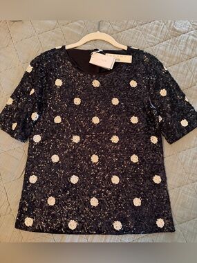 J. Crew Black Sequin Polka Dot Short Sleeve Top with Ivory Dots
